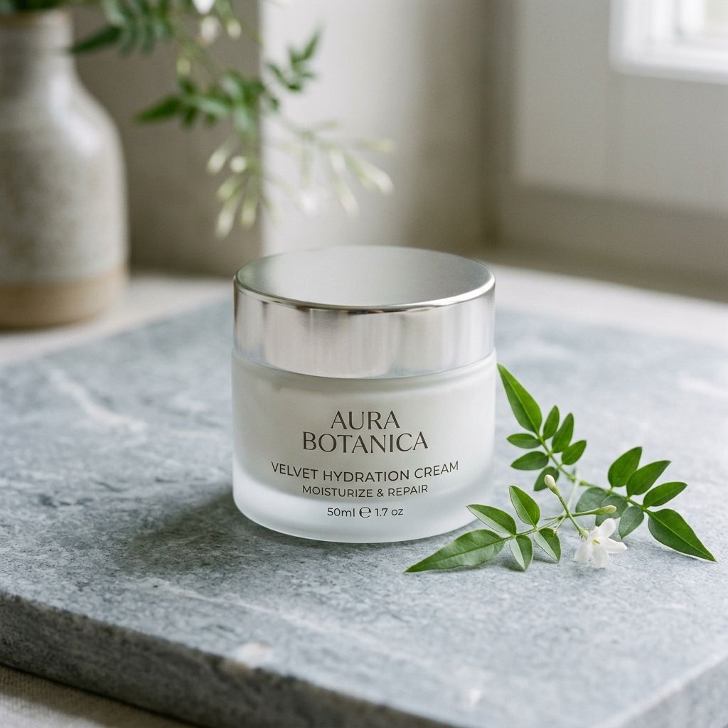 A luxury glass skincare jar containing smooth white moisturizing cream