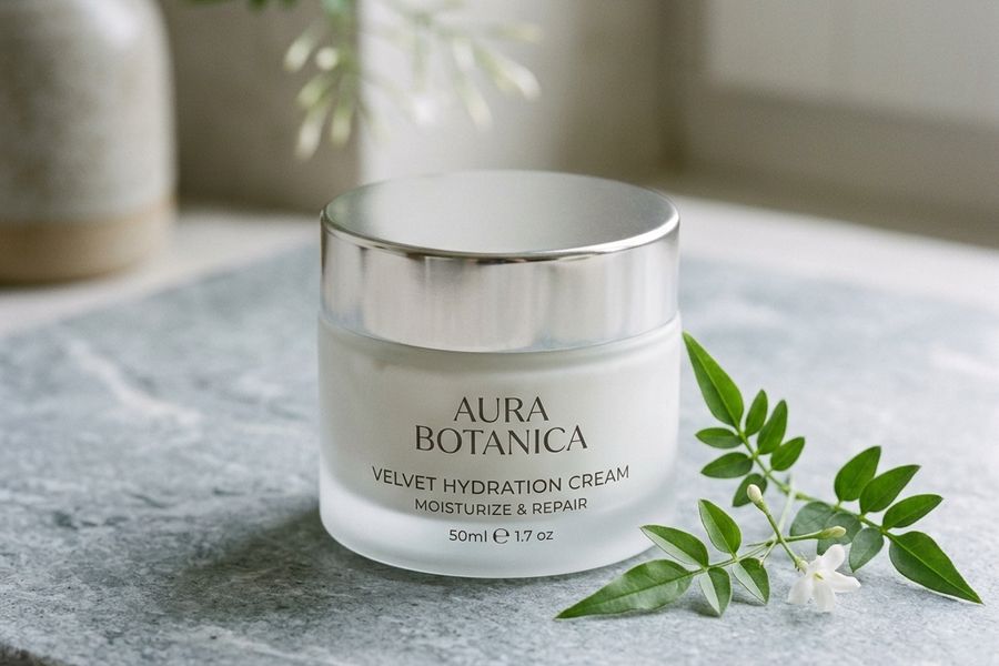 A luxury glass skincare jar containing smooth white moisturizing cream