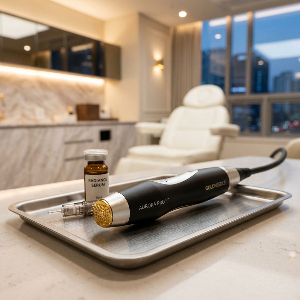 A high-end RF microneedling device handpiece with gold-plated tips resting on a clinic tray