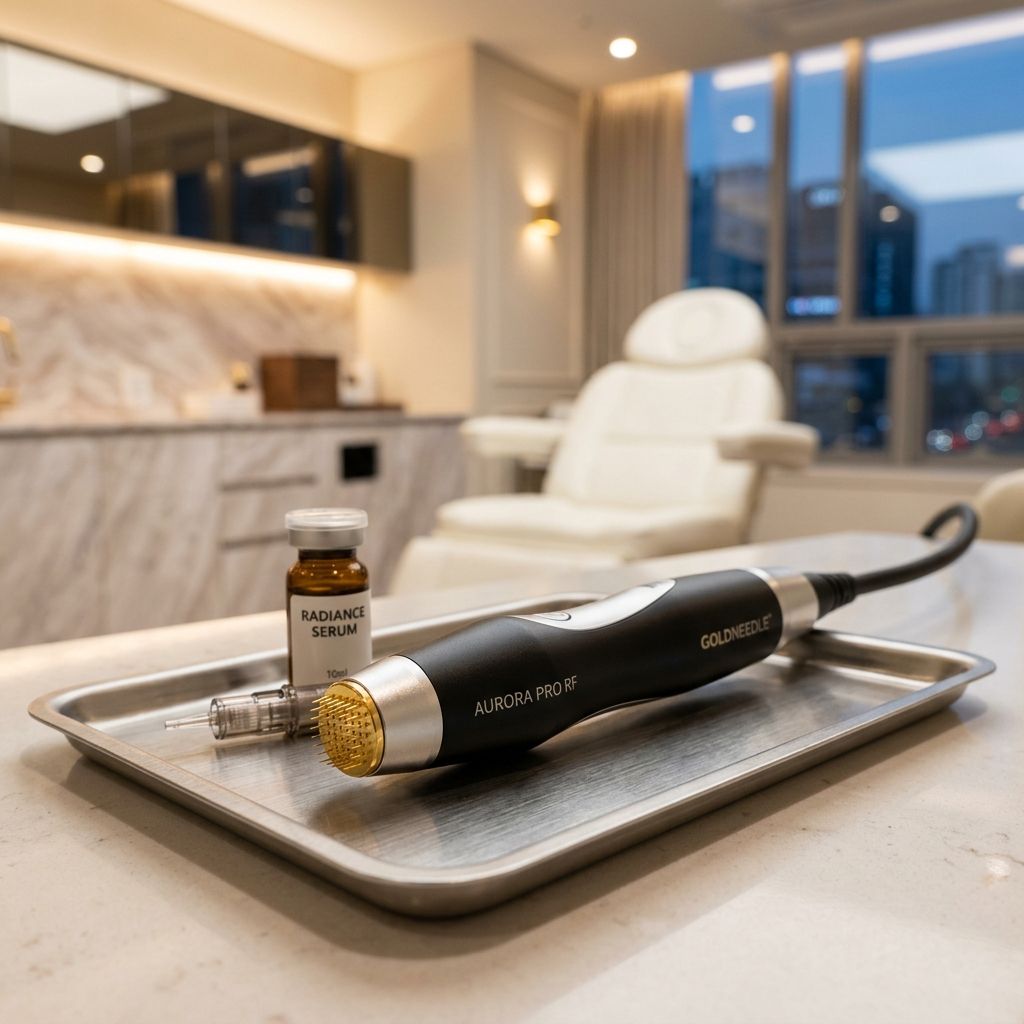 A high-end RF microneedling device handpiece with gold-plated tips resting on a clinic tray