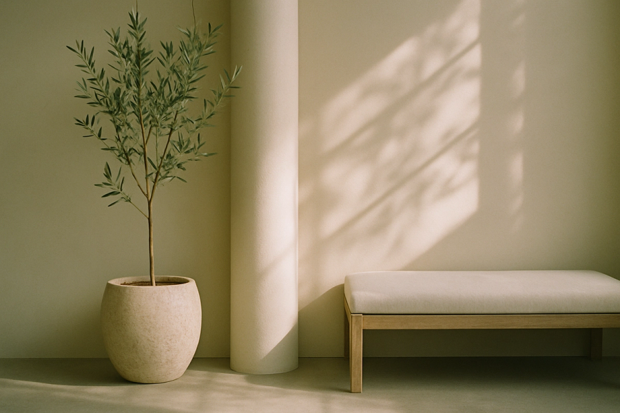 A quiet clinic interior corner with an olive tree and leaf shadows on a pale wall