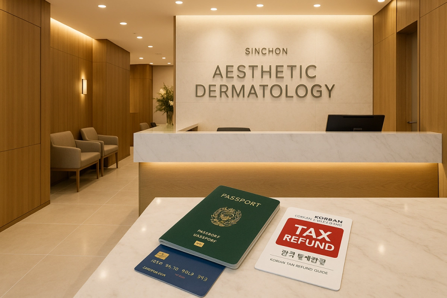 Modern aesthetic clinic reception lobby in Sinchon Seoul with passport and Tax Refund guide