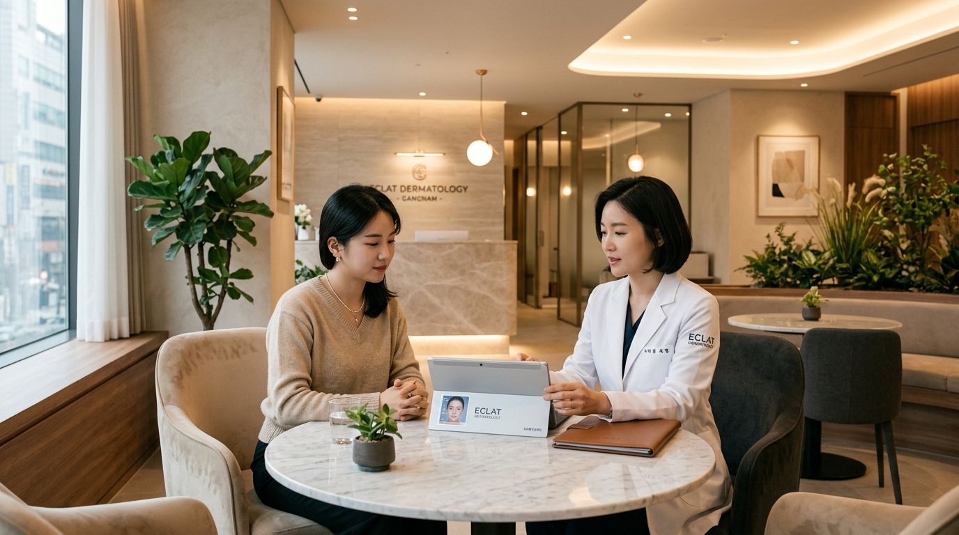 English consultation session with a certified dermatologist in a luxury Gangnam aesthetic clinic lounge