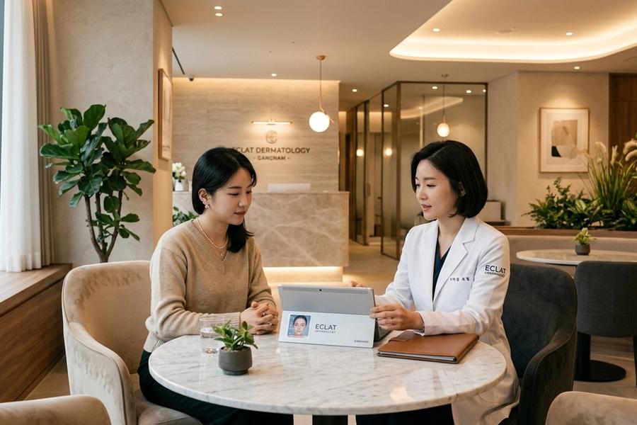 English consultation session with a certified dermatologist in a luxury Gangnam aesthetic clinic lounge