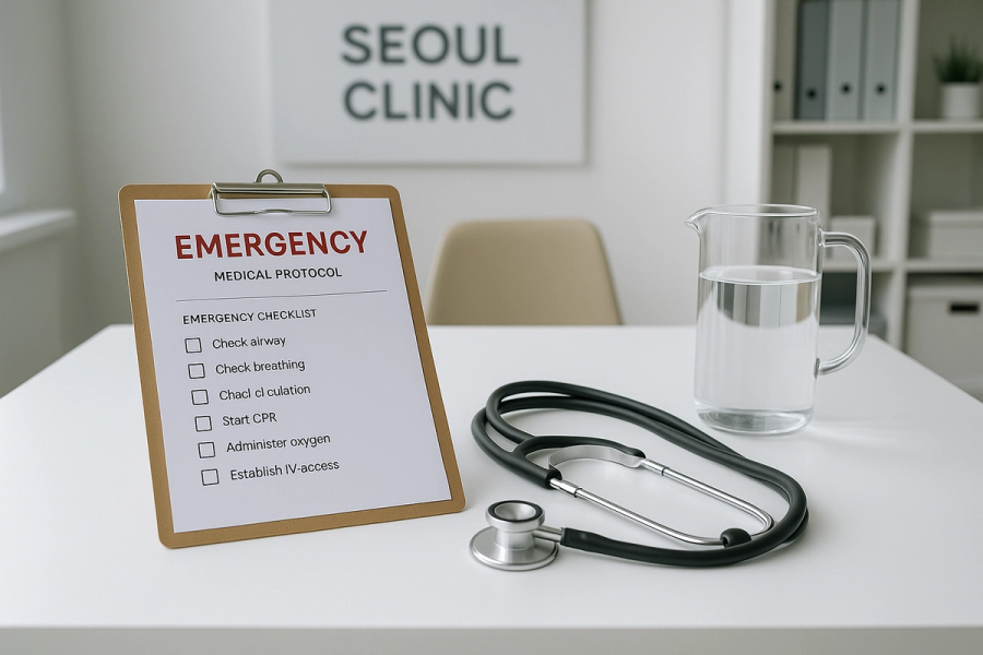 Medical emergency consultation desk with protocol checklist and stethoscope in Seoul clinic