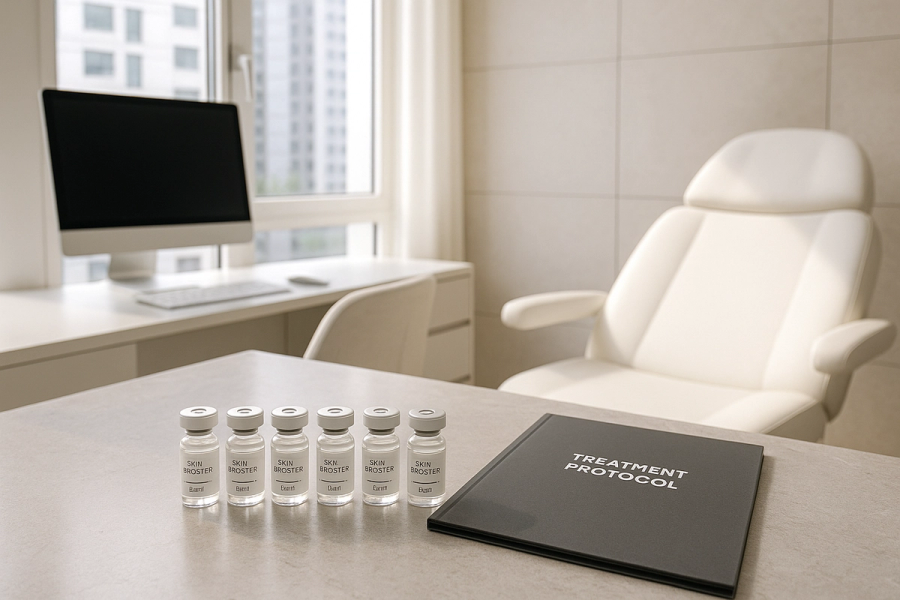 Modern aesthetic dermatology consultation room in Seoul clinic with skin booster vials
