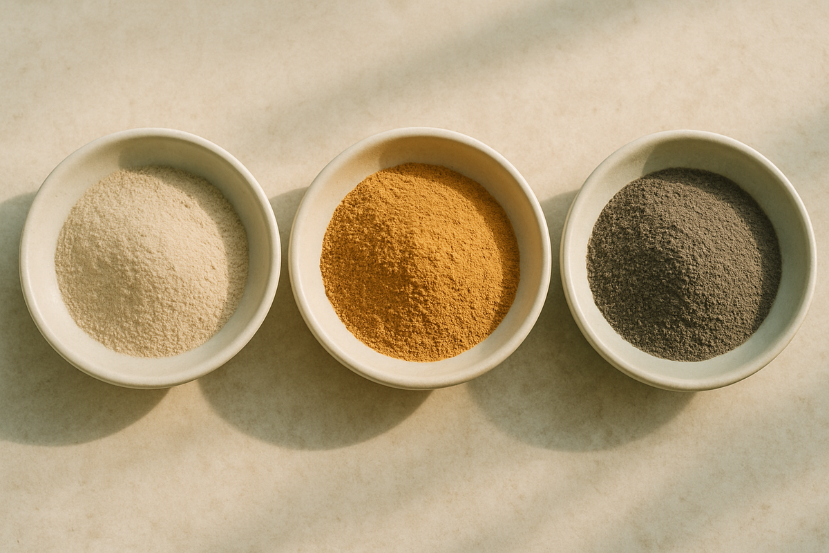 Three dishes of mineral powder in graduated tones on a stone surface