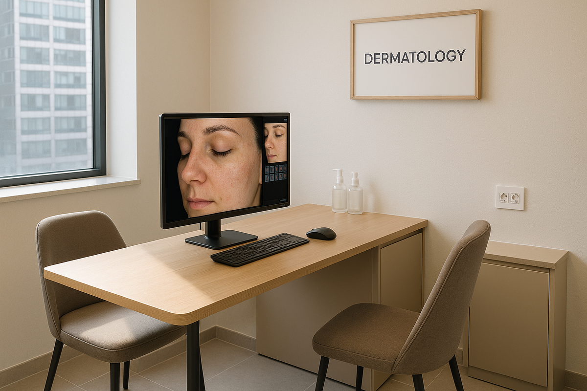 Private clinic consultation desk with skin analysis monitor and seating