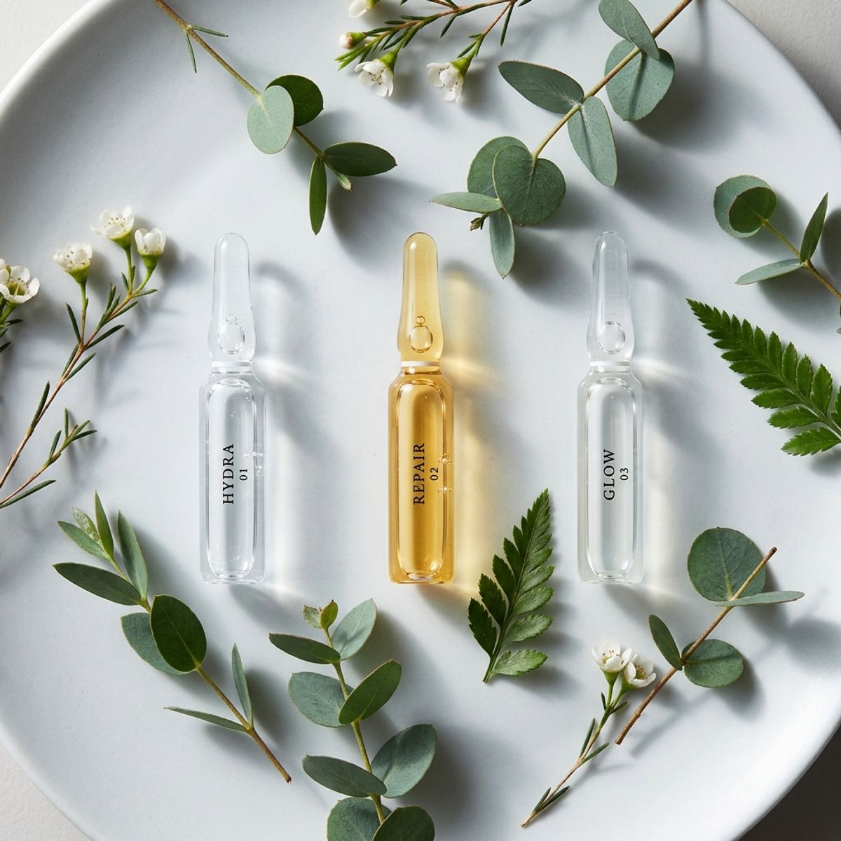 Three glass ampoules representing skin treatments like PRP, Rejuran, and stem cells on a porcelain plate with eucalyptus leaves