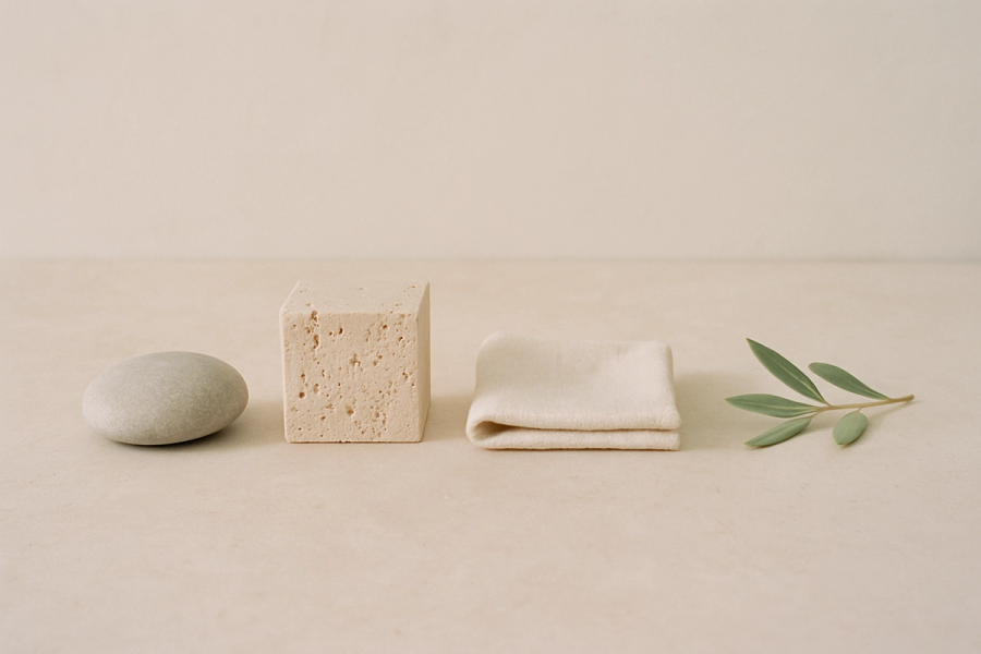 Three objects of different textures arranged in a row on pale stone