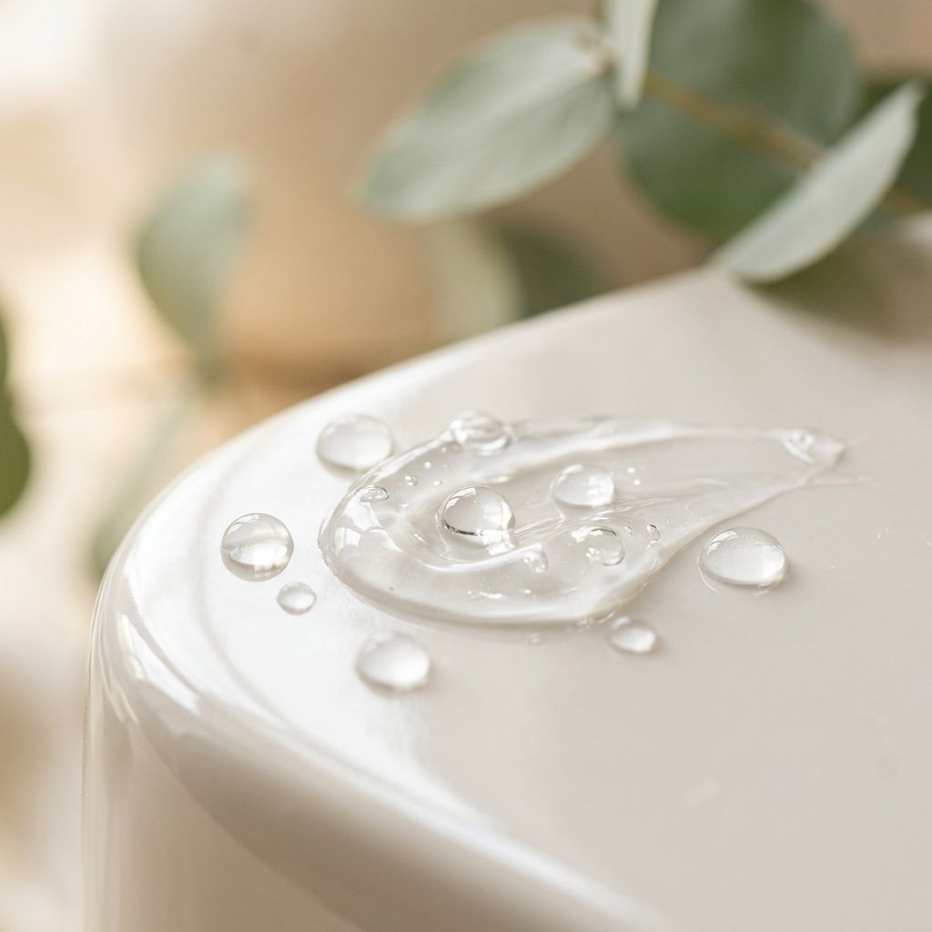 Close-up of clear water droplets and gel hydration on a clean porcelain surface