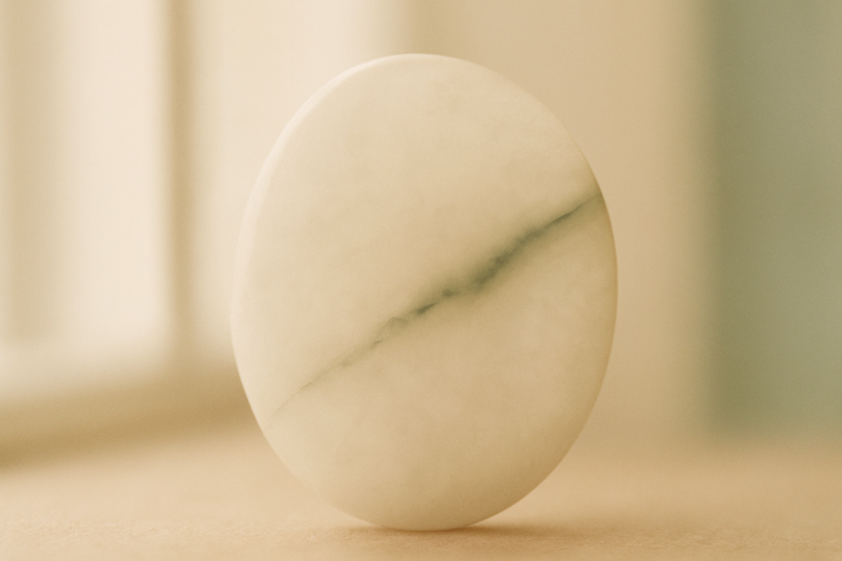 A translucent stone with a faint darker vein showing through in window light