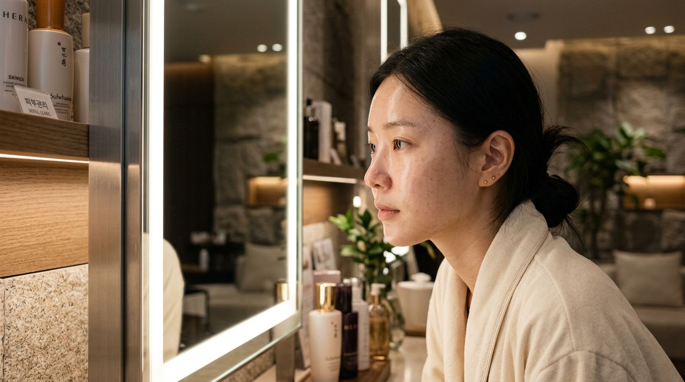 Young Asian woman examining smooth skin texture in a luxury Seoul skin clinic