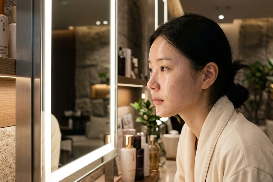 Young Asian woman examining smooth skin texture in a luxury Seoul skin clinic