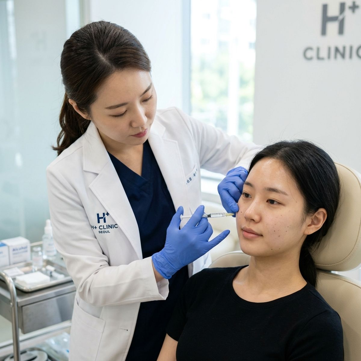 Dermatologist demonstrating precise micro-injection technique on patient cheek