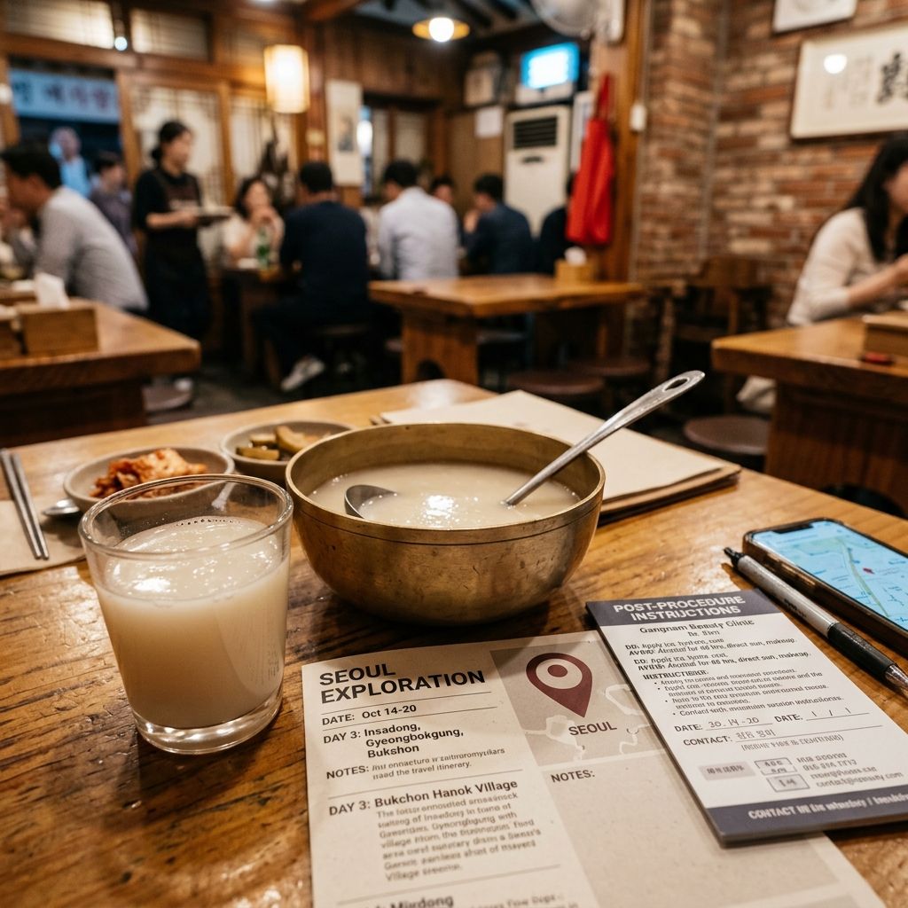 Korean Makgeolli brass bowl and glass alongside post-procedure instructions in Seoul