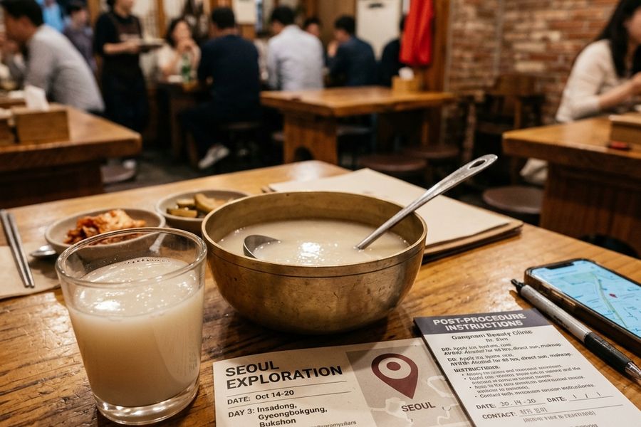 Korean Makgeolli brass bowl and glass alongside post-procedure instructions in Seoul