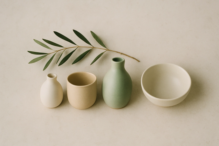 Simple ceramic vessels arranged in a row on pale stone with an olive branch