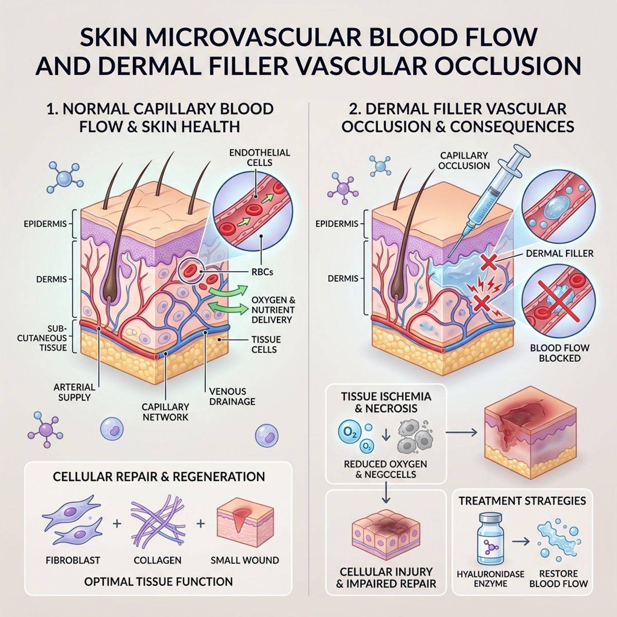 Medical diagram comparing normal microvascular blood flow vs. dermal filler vascular occlusion causing tissue hypoxia.