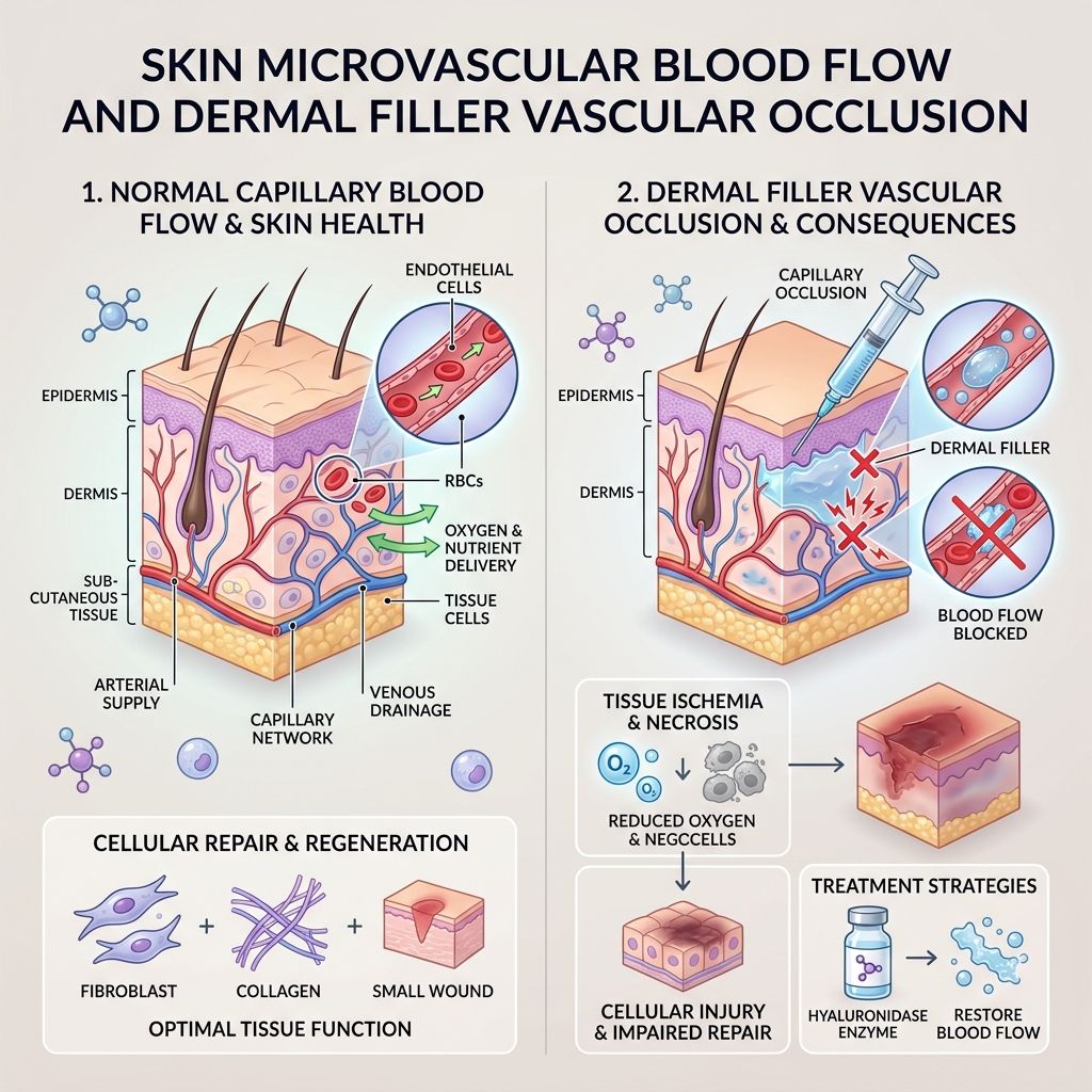 Sơ đồ y khoa so sánh lưu lượng máu vi mạch bình thường với tắc mạch do filler gây thiếu máu mô.