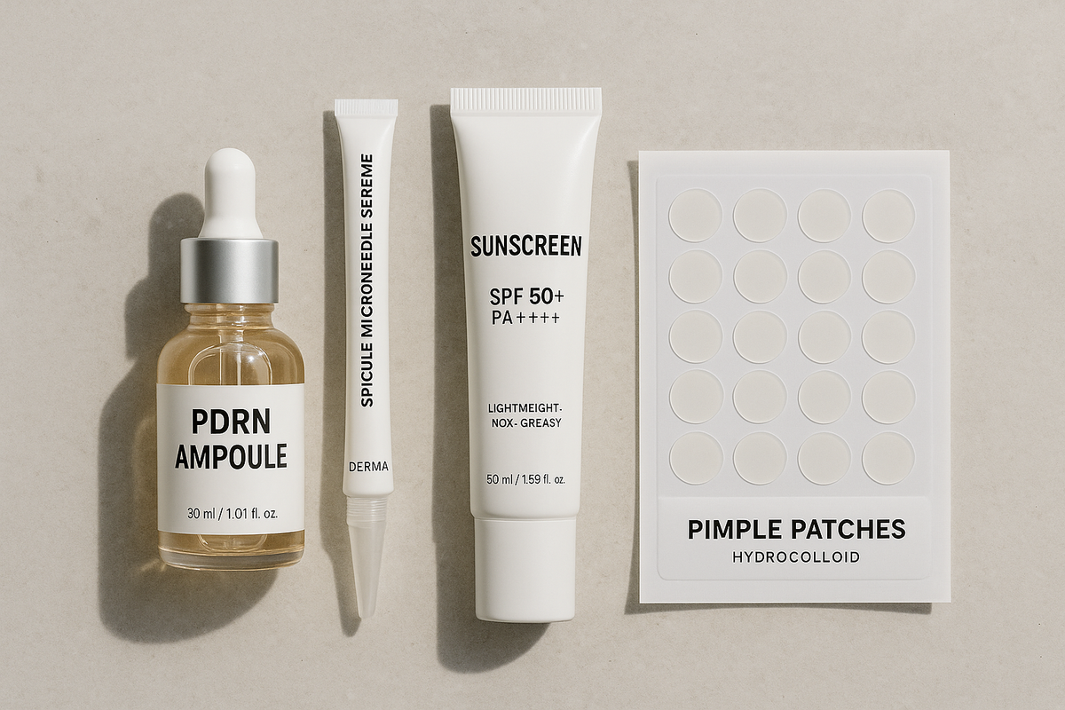 Viral Korean skincare staples flat-lay: PDRN, Reedle Shot, Sunscreen, Pimple Patches