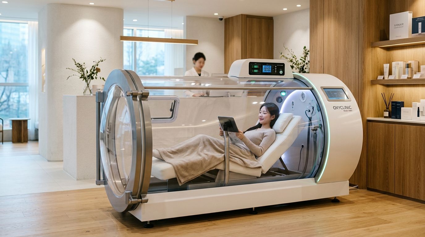 Modern Hyperbaric Oxygen Therapy (HBOT) chamber and customized IV drip lounge in Seoul clinic