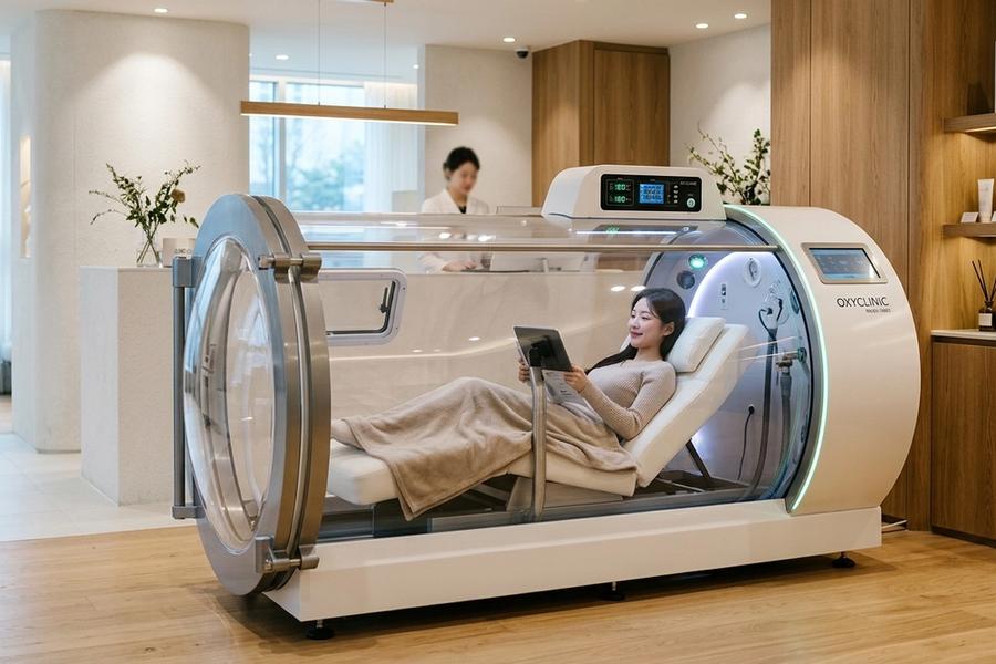 Modern Hyperbaric Oxygen Therapy (HBOT) chamber and customized IV drip lounge in Seoul clinic