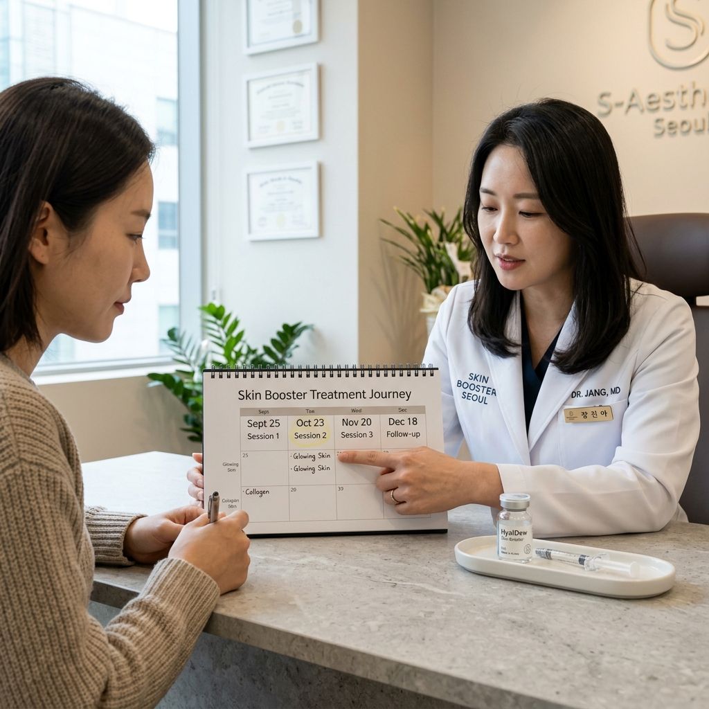 Dermatologist reviewing skin booster procedure timeline calendar with patient