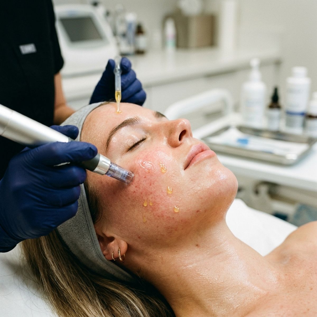 A close-up of a microneedling treatment being performed on a skin surface with golden PRP serum application