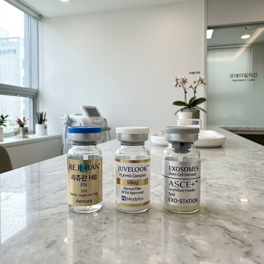 Rejuran, Juvelook, and Exosome skin booster glass vials in Seoul clinic