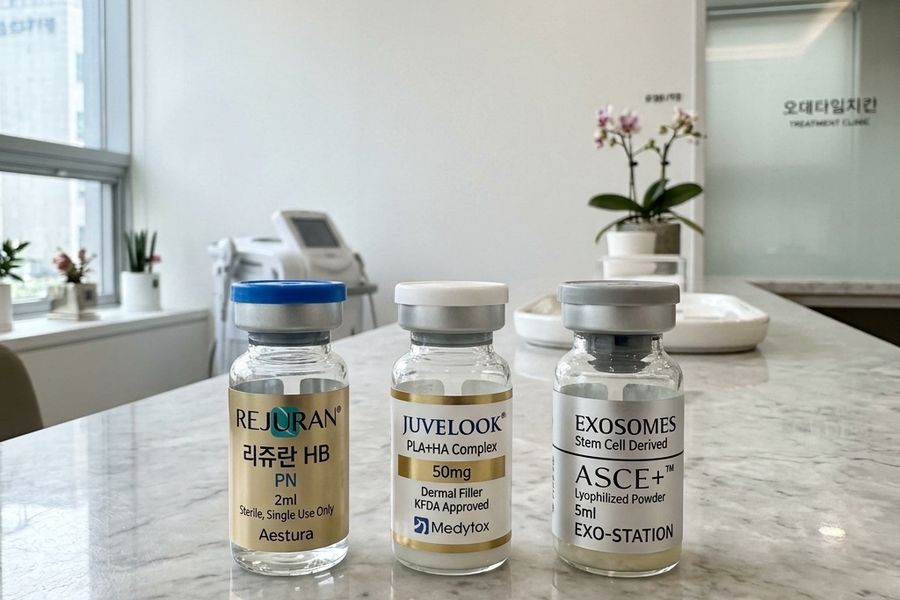 Rejuran, Juvelook, and Exosome skin booster glass vials in Seoul clinic