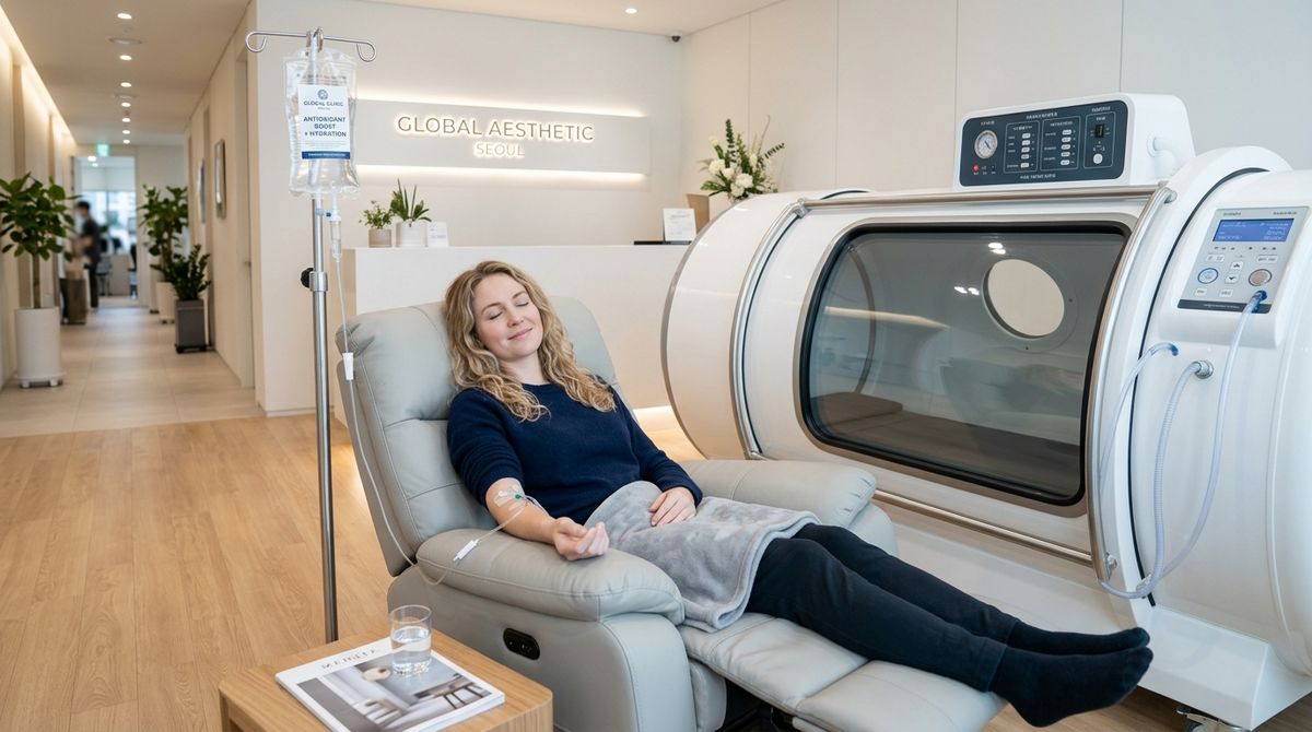 Foreign tourist receiving customized skin IV drip therapy alongside hyperbaric oxygen therapy chamber in Seoul clinic