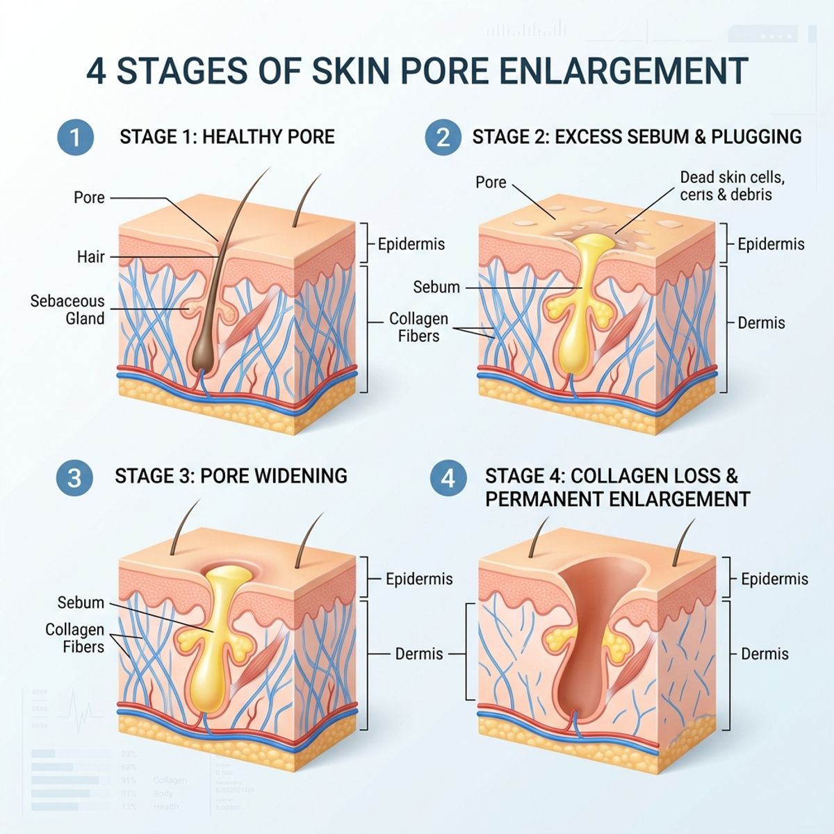 Schéma médical montrant les 4 étapes de la dilatation des pores jusqu'à l'affaissement du collagène.