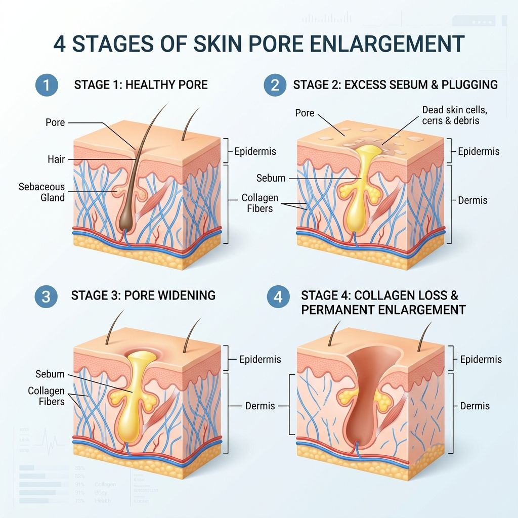 3D medical diagram showing the 4 stages of skin pore enlargement
