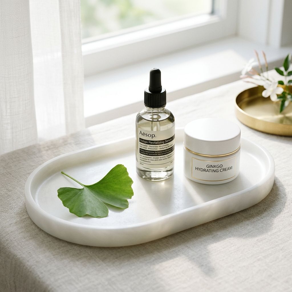 A luxurious glass serum bottle and cream jar on a porcelain tray with a fresh green ginkgo leaf