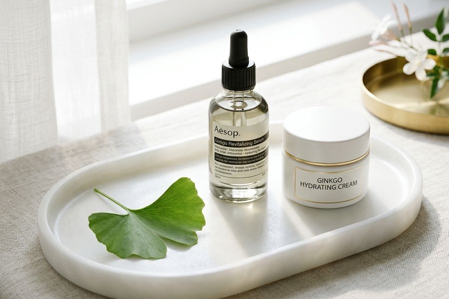 A luxurious glass serum bottle and cream jar on a porcelain tray with a fresh green ginkgo leaf