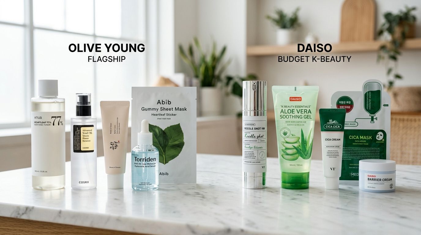 Olive Young flagship products compared with Daiso budget K-beauty skincare items
