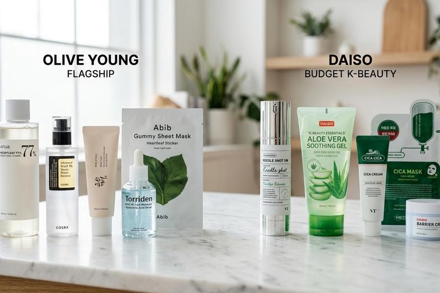 Olive Young flagship products compared with Daiso budget K-beauty skincare items