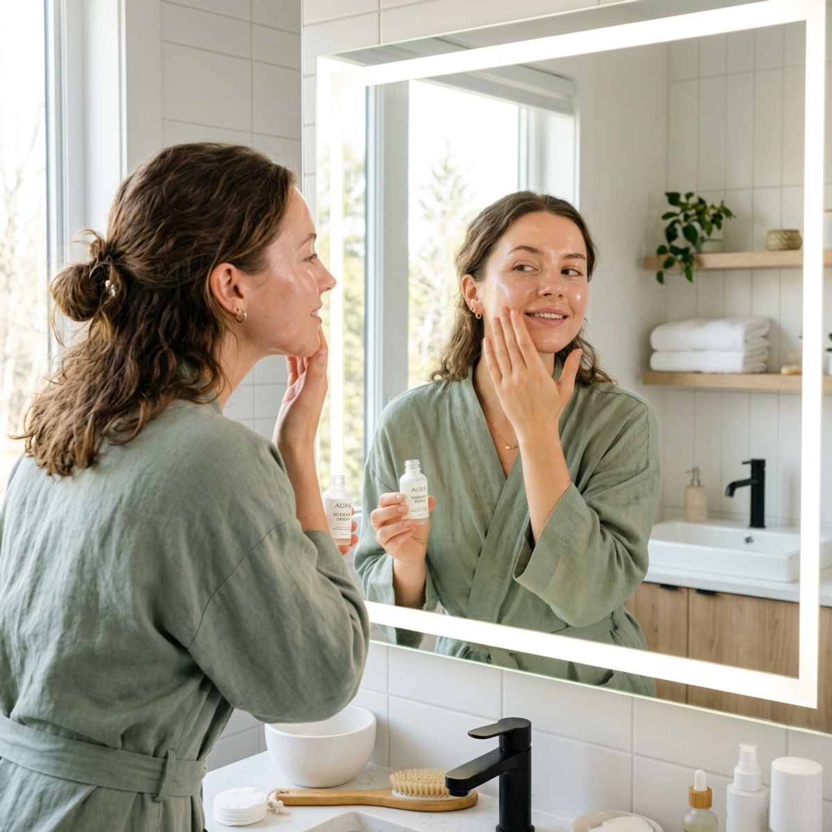Female patient applying hydrating serum in bathroom mirror