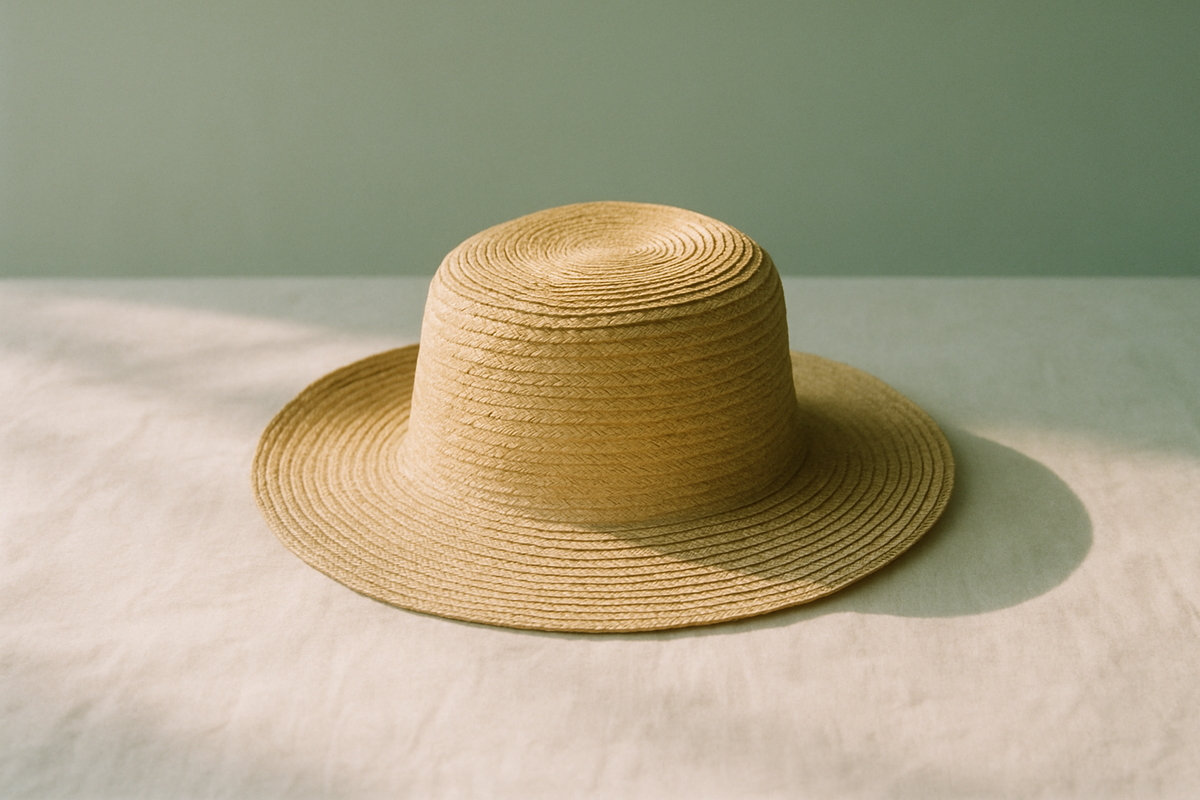 A straw sun hat casting a circle of shade on pale linen