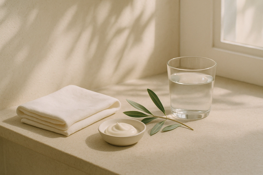 Linen cloth, ceramic dish, olive sprig and a glass of water in morning light