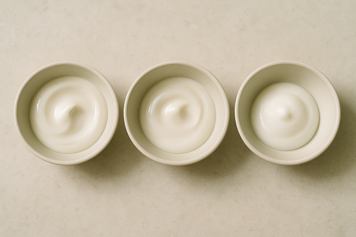 Three ceramic bowls with cream textures of different densities in a row