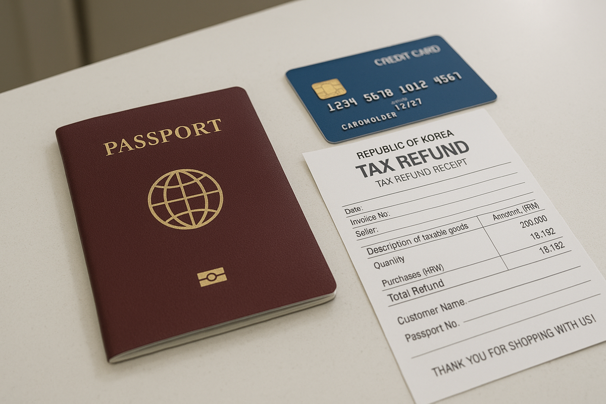 Passport, credit card, and medical VAT tax refund receipt on clinic counter