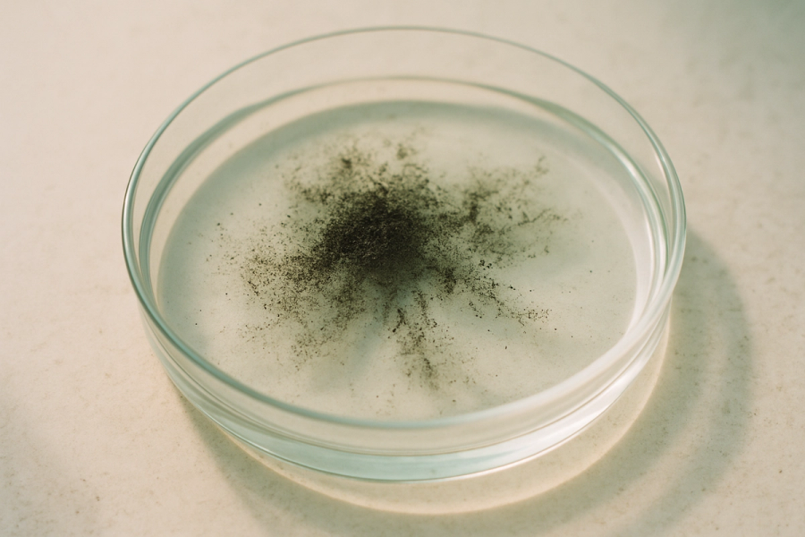 Dark mineral grains dispersing in a shallow dish of clear water