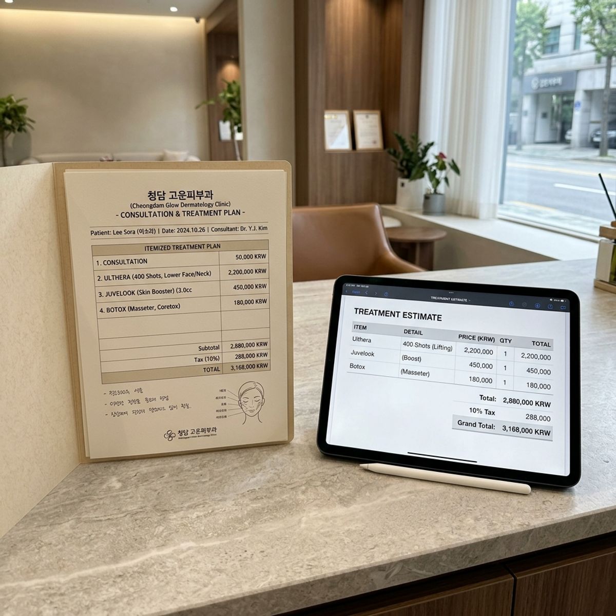 Itemized medical treatment plan and transparent estimate tablet in Seoul clinic