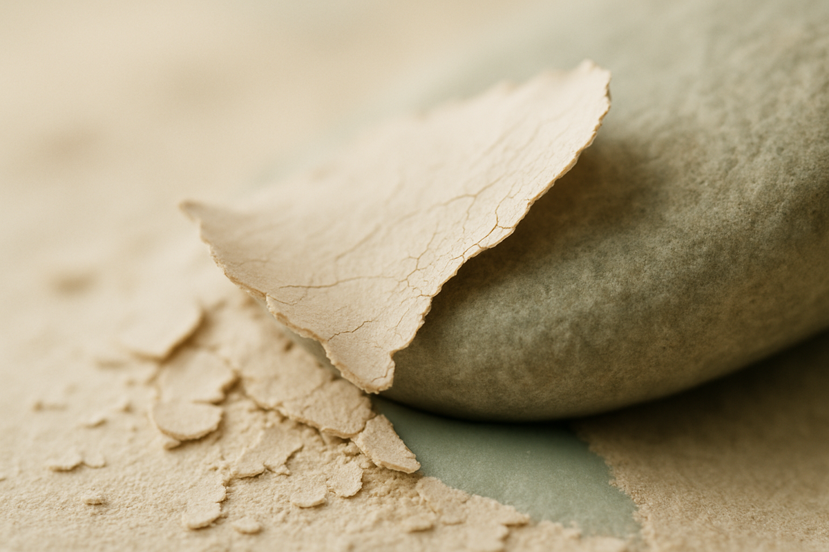 A thin layer of dried clay flaking away to reveal clean stone beneath