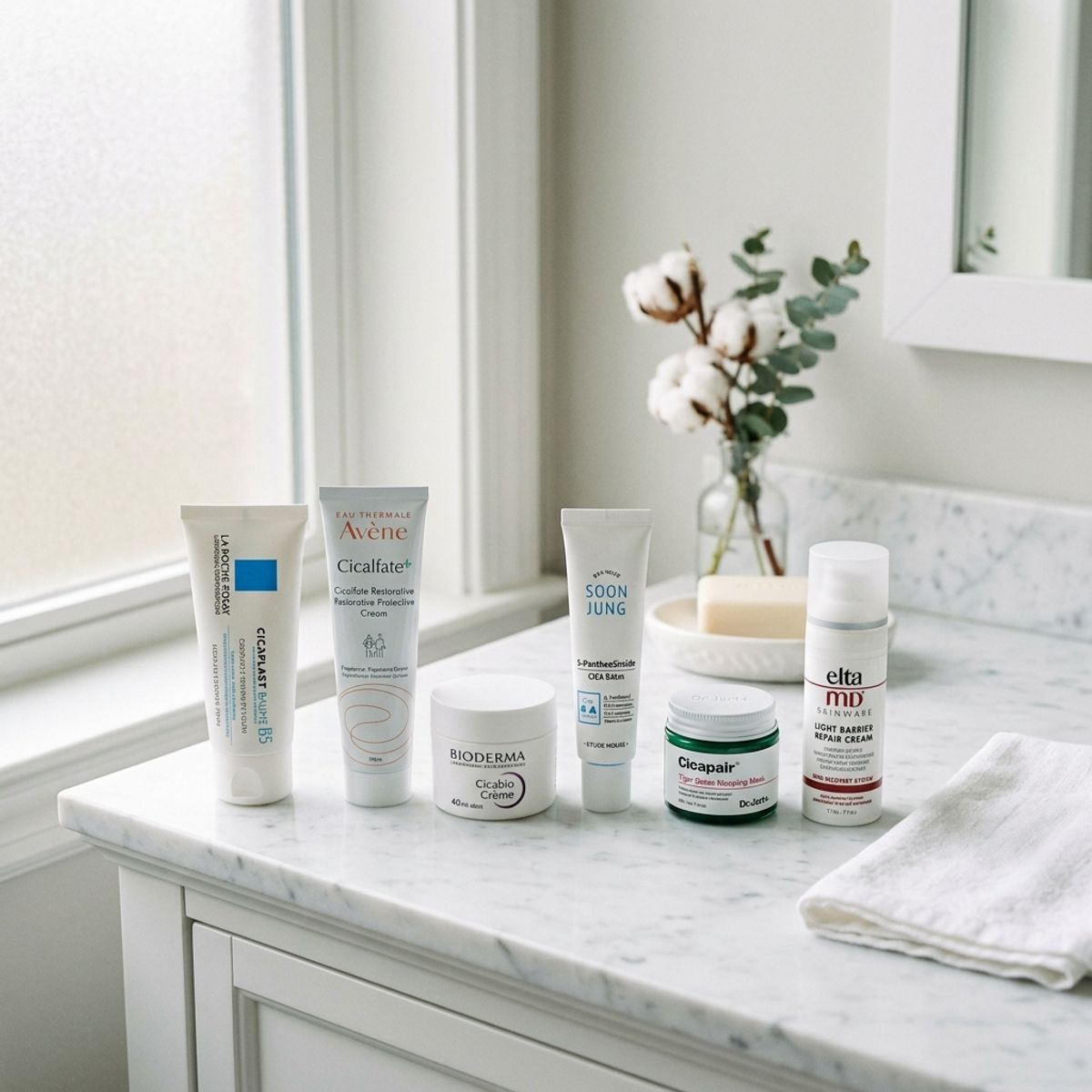 Gentle fragrance-free post-procedure barrier creams and Cica balms on white vanity