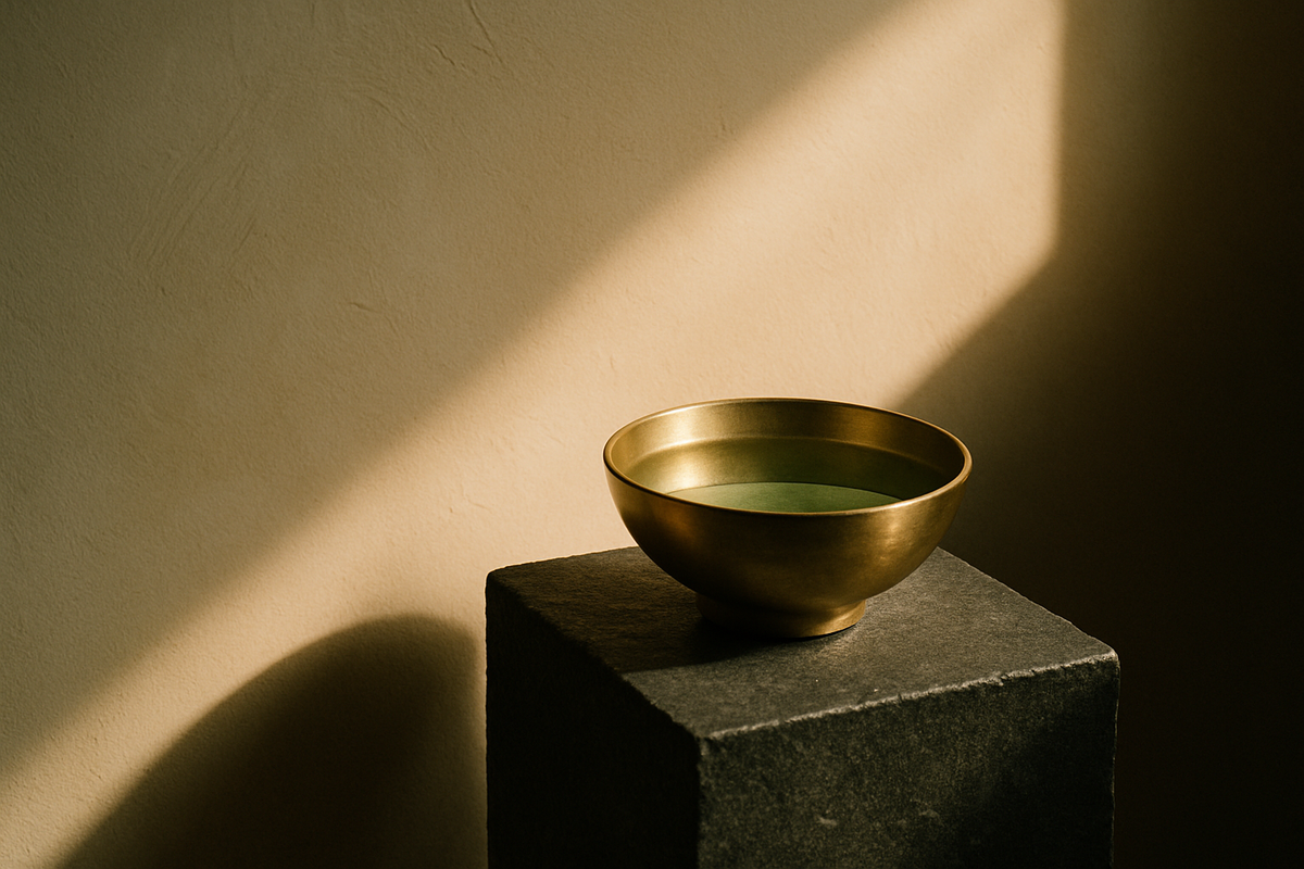 Morning light crossing a plaster wall above a bowl of still water