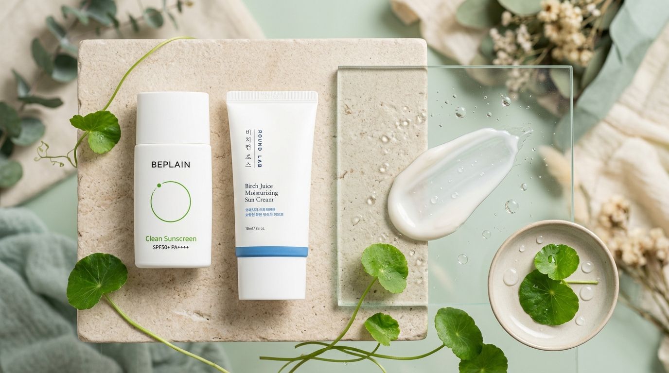 Lightweight Korean daily chemical and mineral sunscreens with soothing Centella Asiatica botanical extracts
