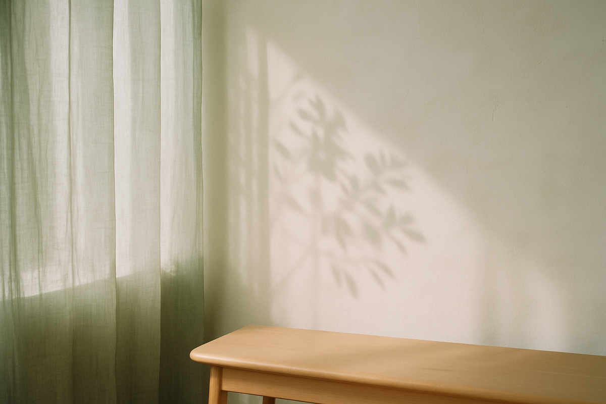 Daylight through a sheer curtain casting leaf shadows on a plaster wall